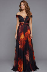 A Line Long Formal Floral Print Prom Dress Jovani 49473