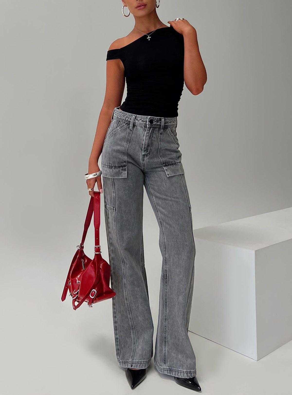 Chad High Rise Flared Cargo Jeans Washed Grey