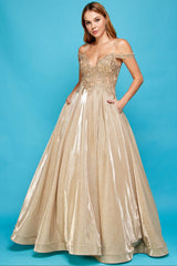 Adora 3007 Glitter Long A Line Metallic Lace Applique Prom Dress