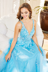 Adora 3090 A Line Long Formal Floral Glitter Prom Dress