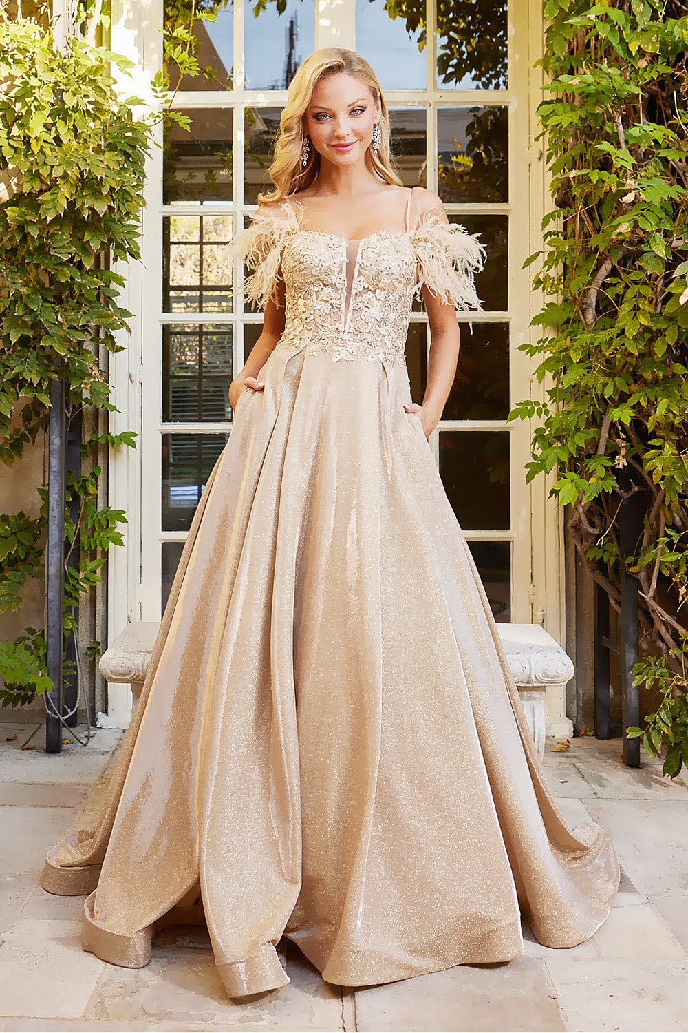 Adora 3128 Long Metallic Glitter Formal Feather Prom Dress