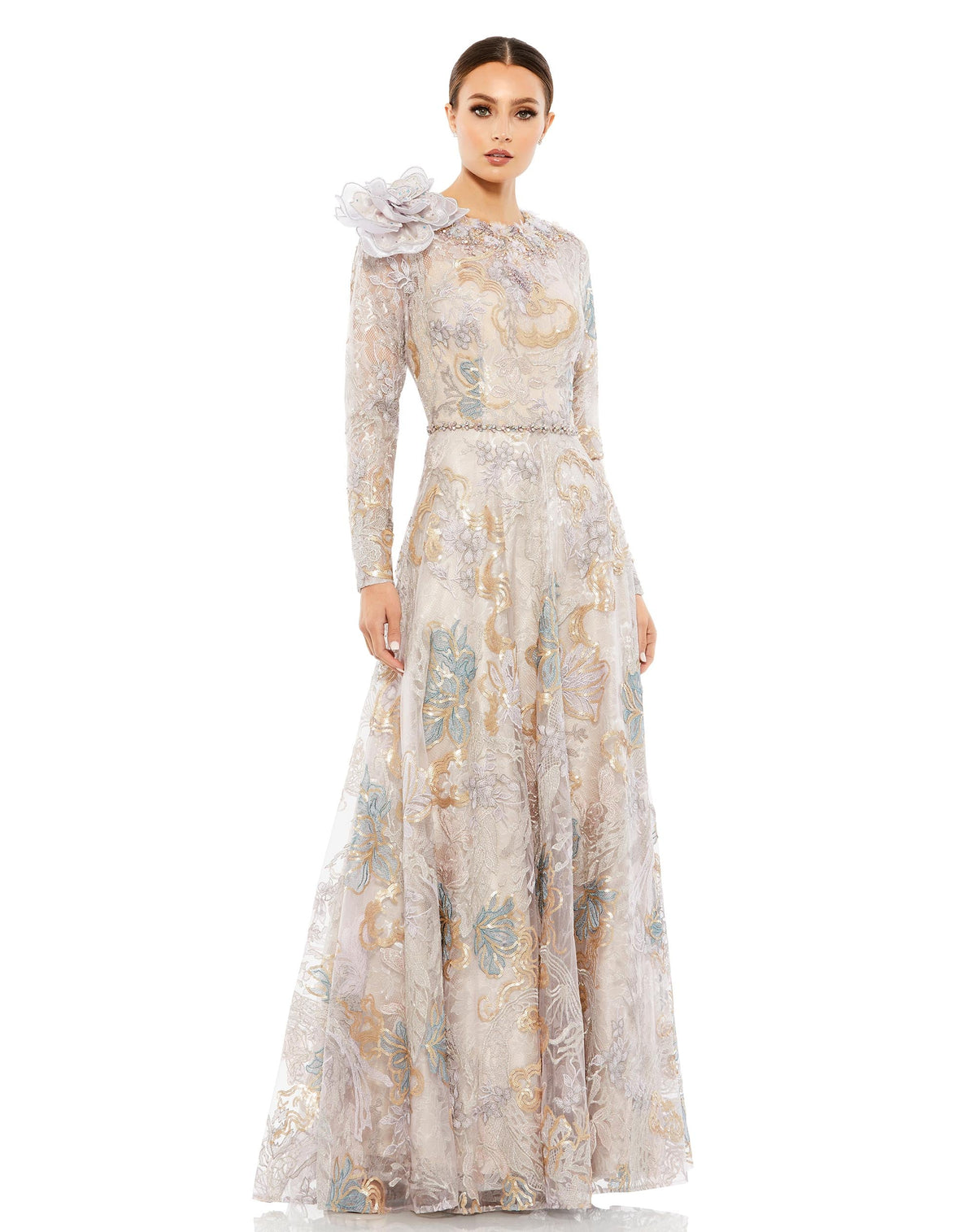 3D Floral Long Sleeve Dress Prom Formal Mac Duggal 79374