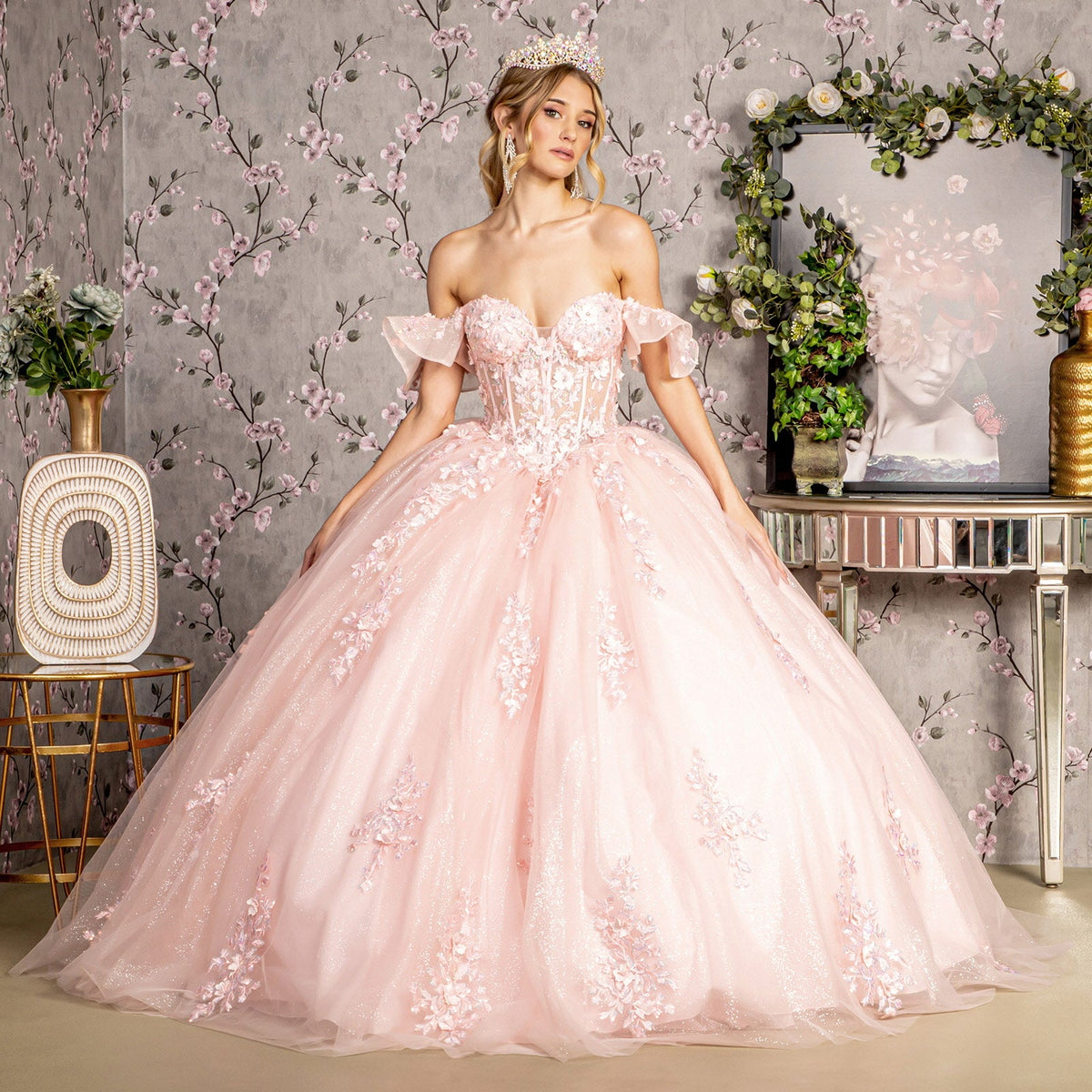 3D Flower Long Ball Gown Quinceanera Dress