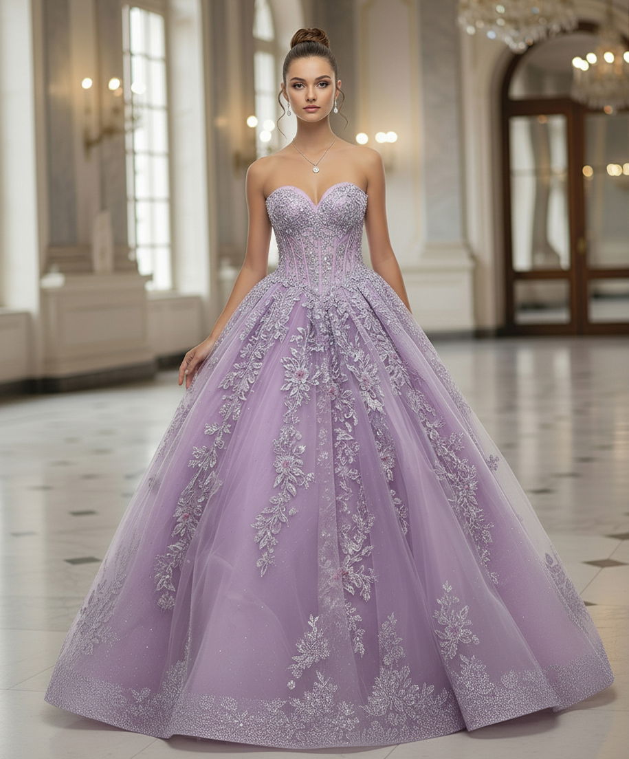 3D Floral Lace Applique Long Glitter Quinceanera Dress Jovani Q43432