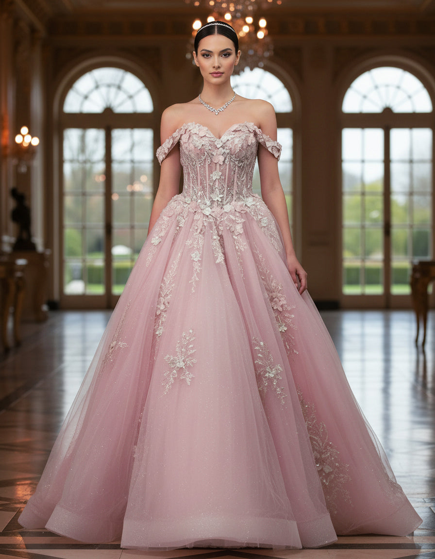 3D Floral Applique Long Beaded Ball Gown Lace Quinceanera Dress Jovani Q43434
