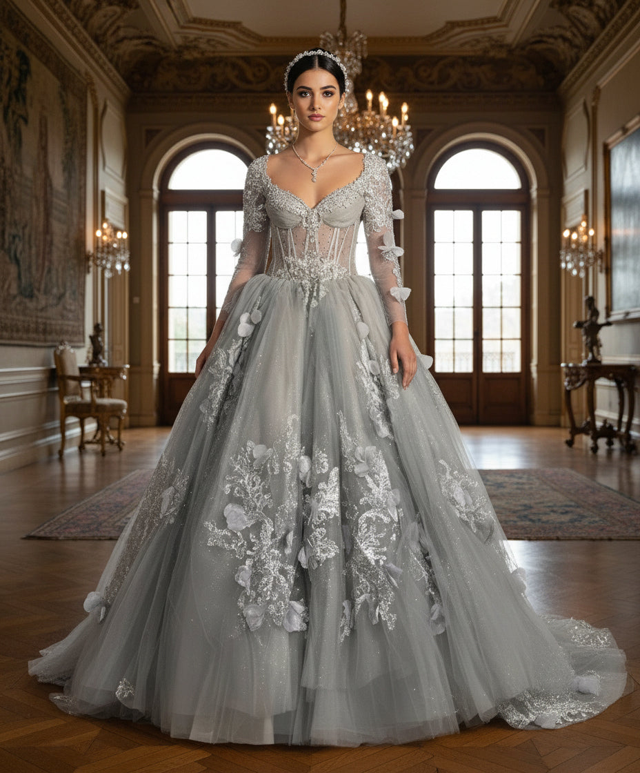 3D Floral Lace Applique Beaded Long Corset Ball Gown Quinceanera Dress Jovani Q46666